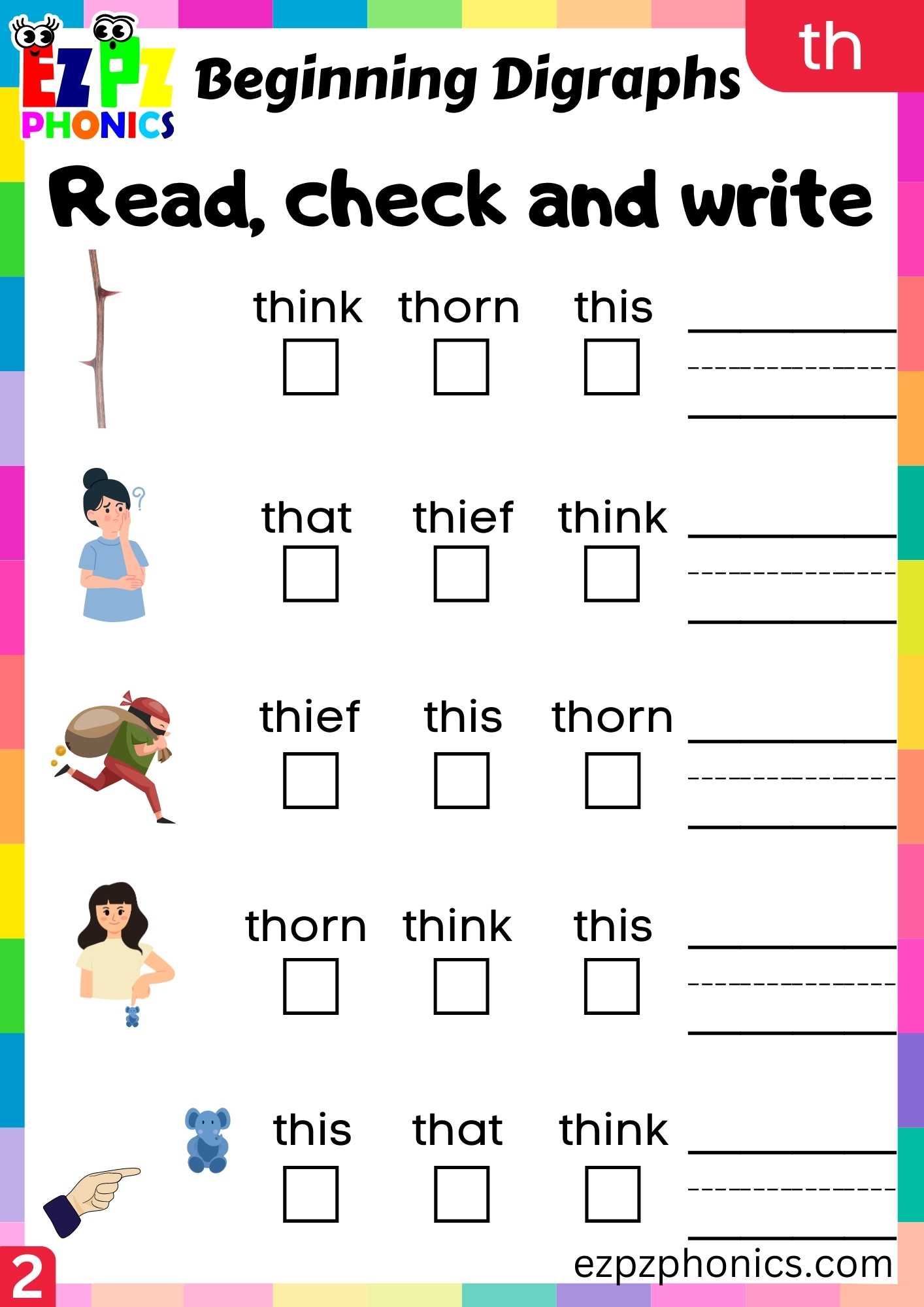 Group2 TH Words Read, Check And Write Consonant Digraphs Phonics Beginning Worksheet